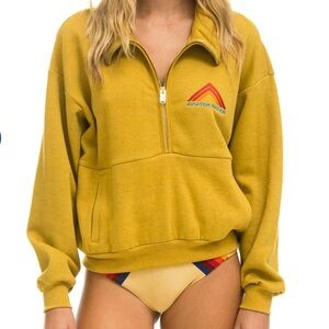 Aviator Nation NWT Mountain Embroidery Half Zip Sweatshirt in Khaki